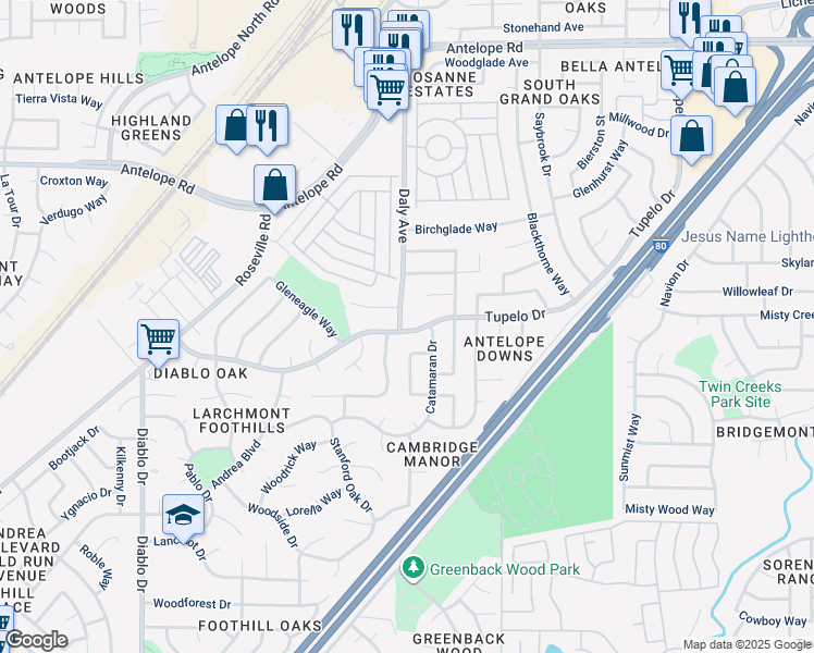 map of restaurants, bars, coffee shops, grocery stores, and more near 7300 Daly Avenue in Citrus Heights