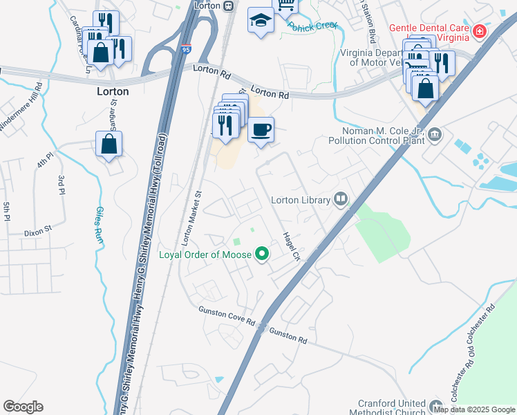 map of restaurants, bars, coffee shops, grocery stores, and more near 8001 Samuel Wallis Street in Lorton