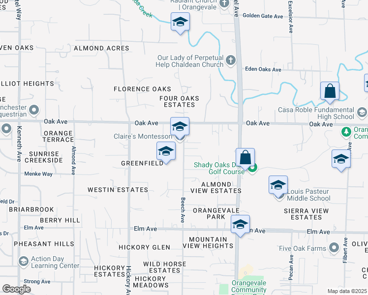 map of restaurants, bars, coffee shops, grocery stores, and more near 7229 Beech Avenue in Orangevale