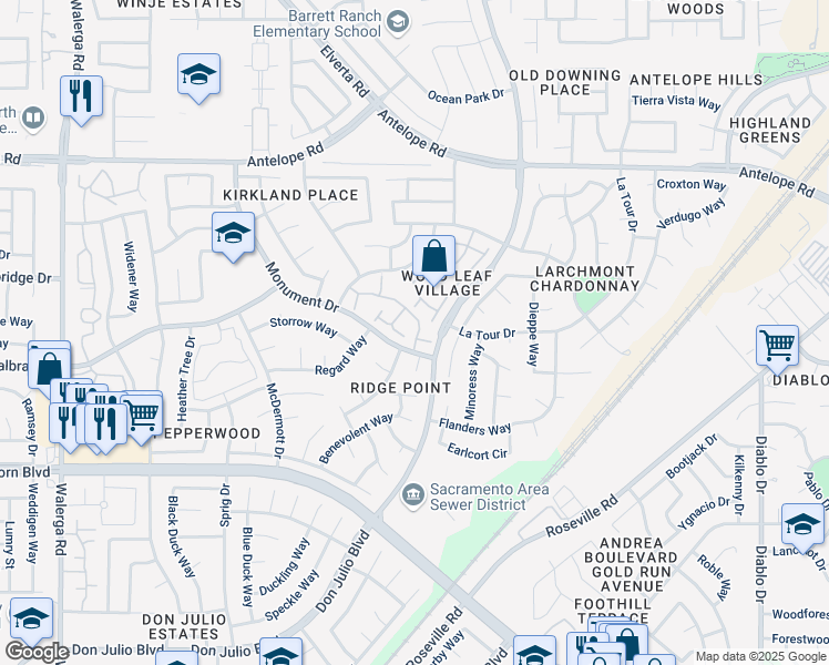 map of restaurants, bars, coffee shops, grocery stores, and more near 4930 Dover Lane in Sacramento