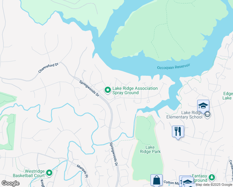 map of restaurants, bars, coffee shops, grocery stores, and more near 3812 Clore Place in Woodbridge