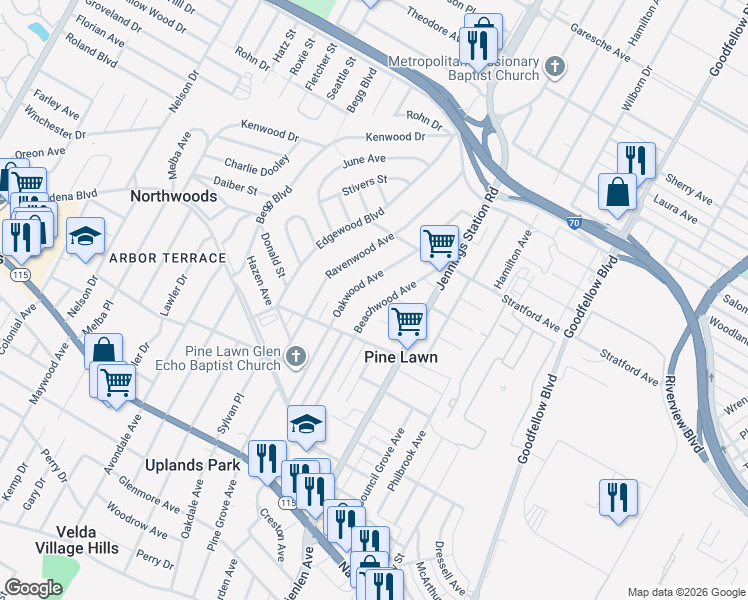 map of restaurants, bars, coffee shops, grocery stores, and more near 4235 Beachwood Avenue in St. Louis
