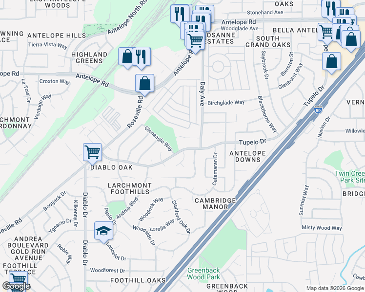 map of restaurants, bars, coffee shops, grocery stores, and more near 5831 Tupelo Drive in Sacramento
