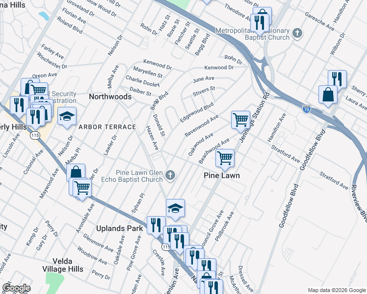 map of restaurants, bars, coffee shops, grocery stores, and more near 4209 Ravenwood Avenue in St. Louis