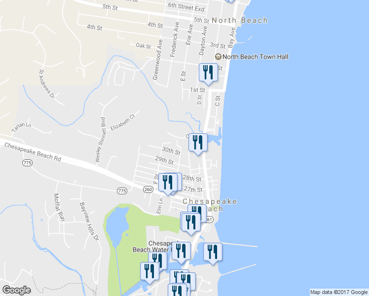 map of restaurants, bars, coffee shops, grocery stores, and more near 8513 E Street in Chesapeake Beach