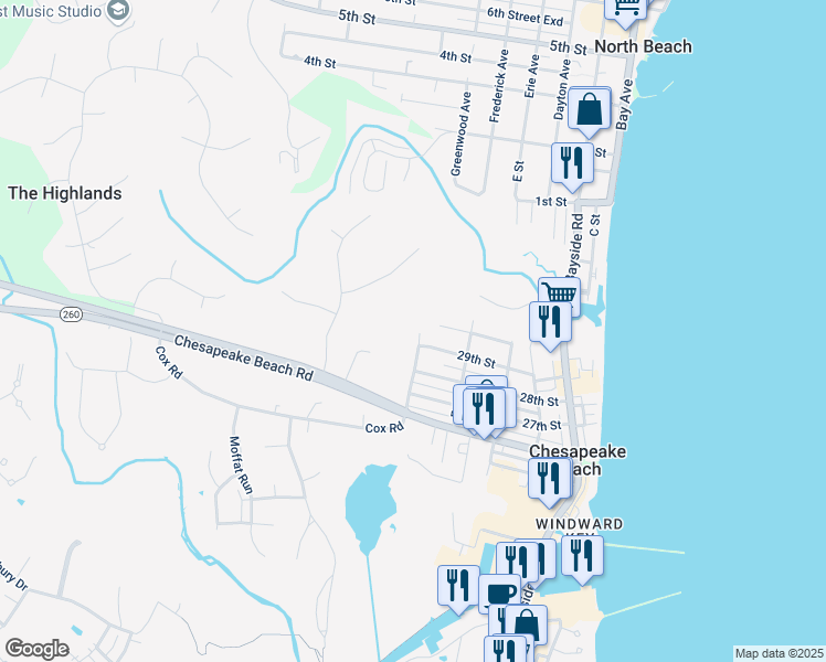 map of restaurants, bars, coffee shops, grocery stores, and more near 8412 G Street in Chesapeake Beach