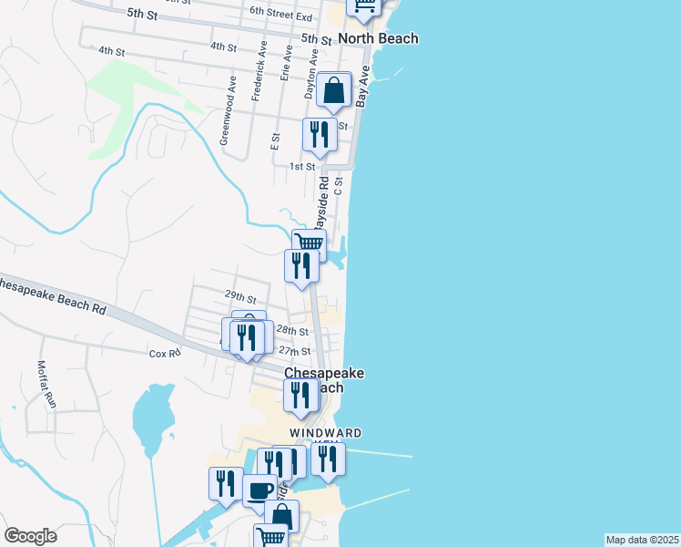 map of restaurants, bars, coffee shops, grocery stores, and more near 8501 Bayside Road in Chesapeake Beach