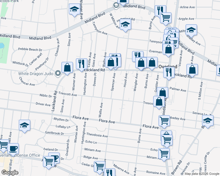 map of restaurants, bars, coffee shops, grocery stores, and more near 2315 Spencer Avenue in Overland