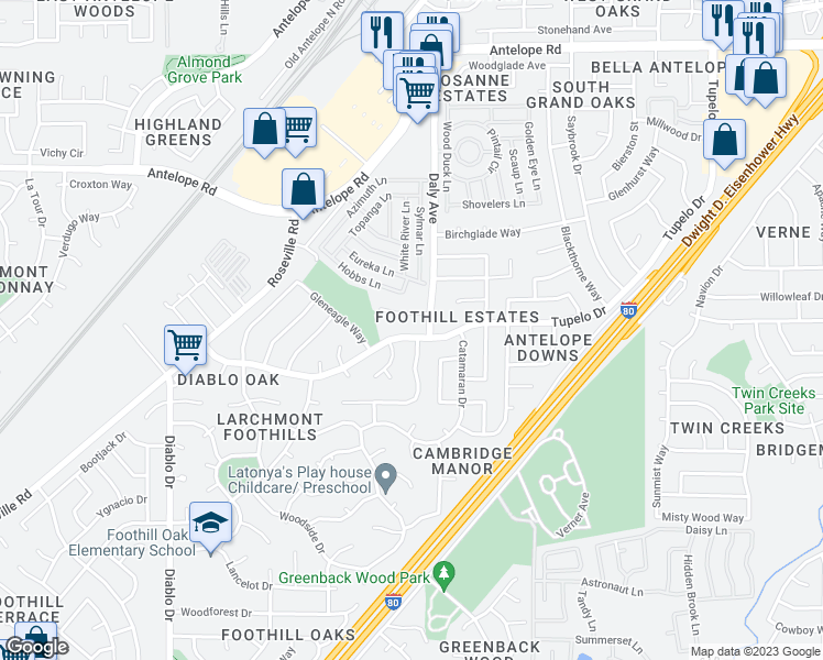 map of restaurants, bars, coffee shops, grocery stores, and more near 5837 Tupelo Drive in Sacramento