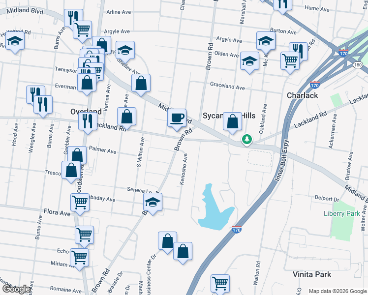 map of restaurants, bars, coffee shops, grocery stores, and more near 2342 Kenosho Avenue in Overland