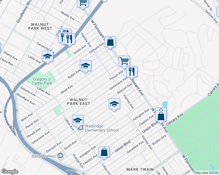 map of restaurants, bars, coffee shops, grocery stores, and more near 5458 Genevieve Avenue in St. Louis
