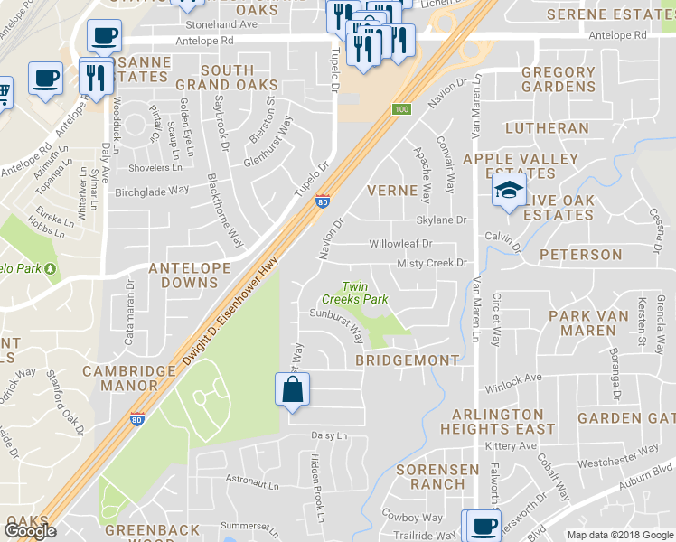 map of restaurants, bars, coffee shops, grocery stores, and more near 6512 Misty Creek Drive in Citrus Heights