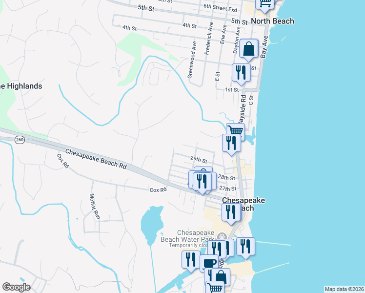 map of restaurants, bars, coffee shops, grocery stores, and more near 3609 30th Street in Chesapeake Beach