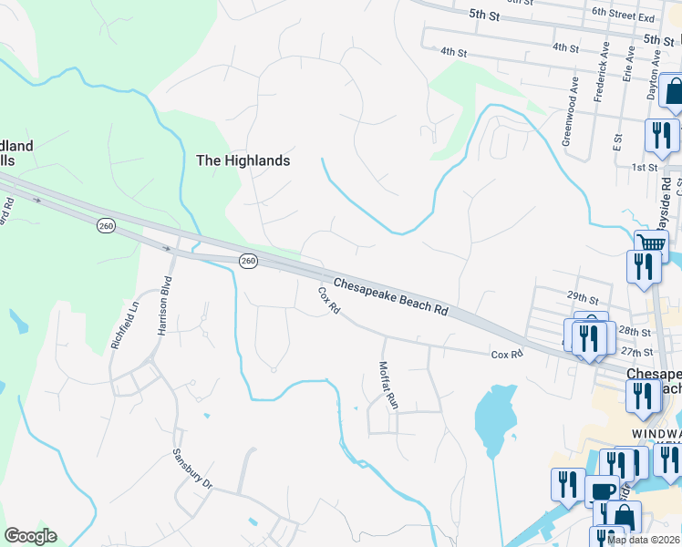 map of restaurants, bars, coffee shops, grocery stores, and more near 3116 Chesapeake Beach Road in Chesapeake Beach