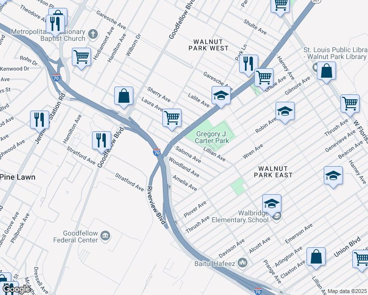 map of restaurants, bars, coffee shops, grocery stores, and more near 5845 Saloma Avenue in Saint Louis