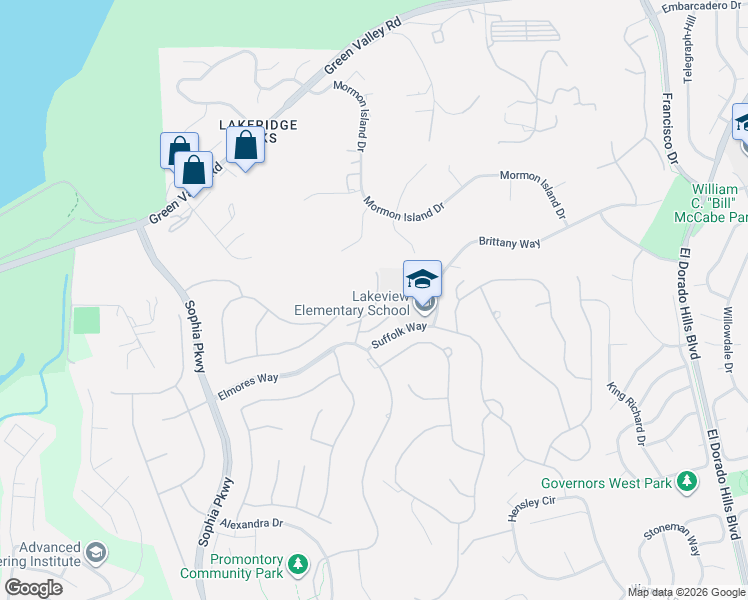 map of restaurants, bars, coffee shops, grocery stores, and more near 223 Tattinger Court in El Dorado Hills