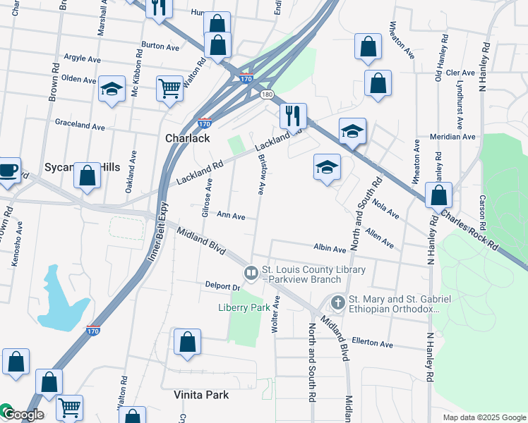 map of restaurants, bars, coffee shops, grocery stores, and more near 2400 Bristow Avenue in St. Louis