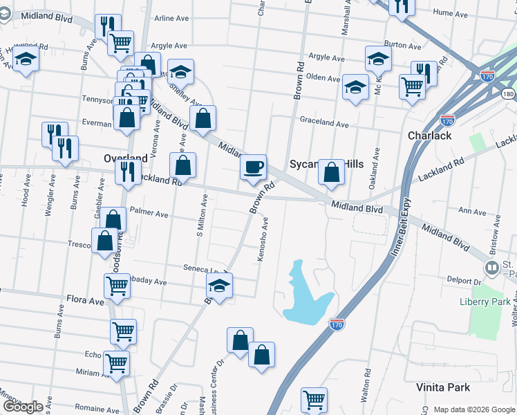 map of restaurants, bars, coffee shops, grocery stores, and more near 2342 Kenosho Avenue in Overland