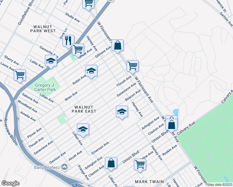 map of restaurants, bars, coffee shops, grocery stores, and more near 5458 Genevieve Avenue in St. Louis