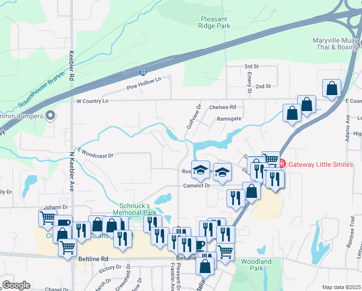 map of restaurants, bars, coffee shops, grocery stores, and more near 102 Windridge Drive in Collinsville
