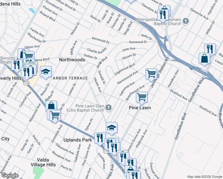 map of restaurants, bars, coffee shops, grocery stores, and more near 4209 Ravenwood Avenue in St. Louis