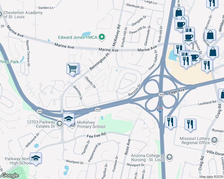 map of restaurants, bars, coffee shops, grocery stores, and more near 2100 East Aventura Way in St. Louis