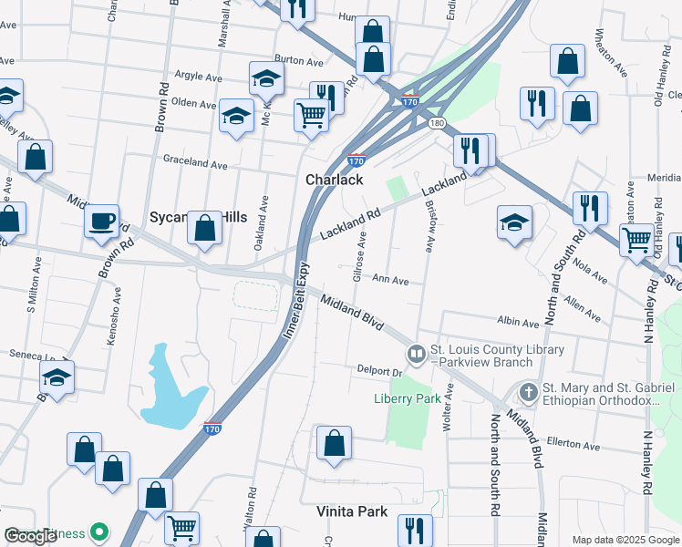 map of restaurants, bars, coffee shops, grocery stores, and more near 8508 Anna Avenue in Overland