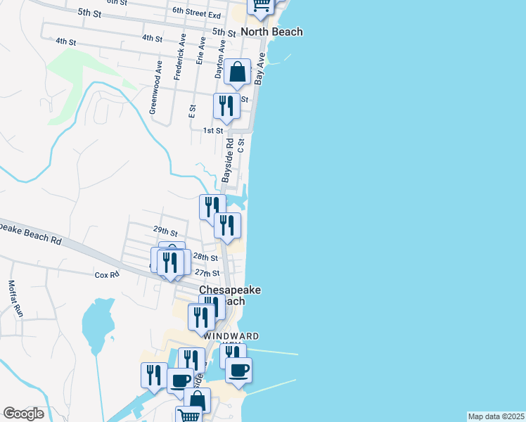 map of restaurants, bars, coffee shops, grocery stores, and more near 8501 Bayside Road in Chesapeake Beach