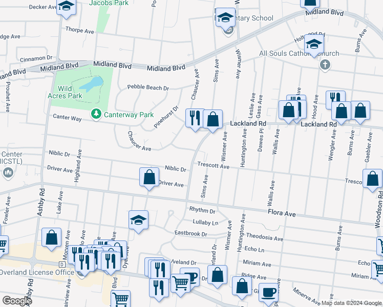 map of restaurants, bars, coffee shops, grocery stores, and more near 2215 Lackland Road in Overland