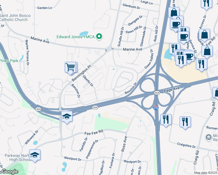 map of restaurants, bars, coffee shops, grocery stores, and more near 2100 East Aventura Way in St. Louis