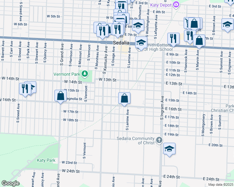map of restaurants, bars, coffee shops, grocery stores, and more near 1423 South Osage Avenue in Sedalia