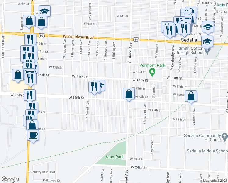 map of restaurants, bars, coffee shops, grocery stores, and more near 1509 South Quincy Avenue in Sedalia