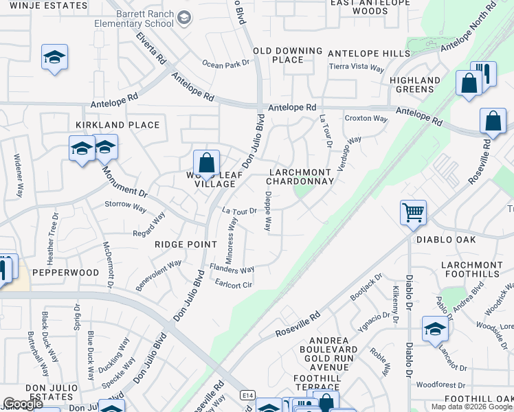map of restaurants, bars, coffee shops, grocery stores, and more near 7255 La Tour Drive in Sacramento