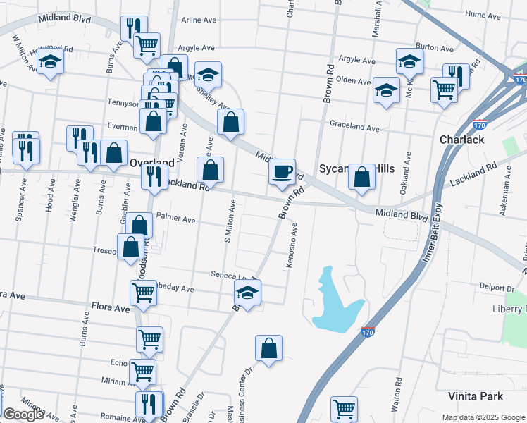 map of restaurants, bars, coffee shops, grocery stores, and more near 8902 Apache Lane in Overland