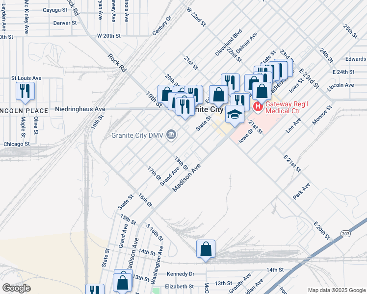 map of restaurants, bars, coffee shops, grocery stores, and more near 1824 State Street in Granite City