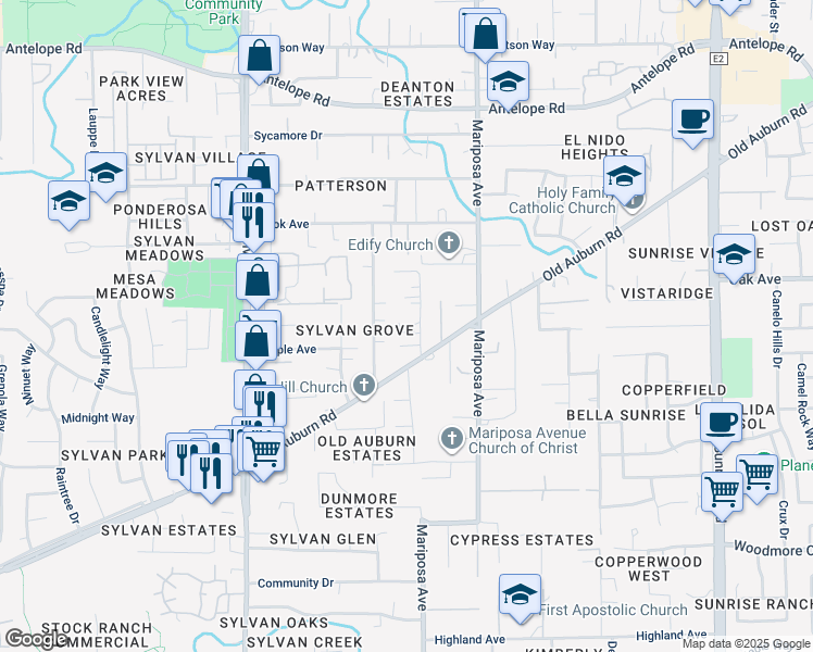 map of restaurants, bars, coffee shops, grocery stores, and more near 7313 Sidney Drive in Citrus Heights