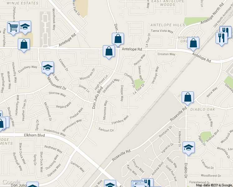 map of restaurants, bars, coffee shops, grocery stores, and more near 7255 La Tour Drive in Sacramento
