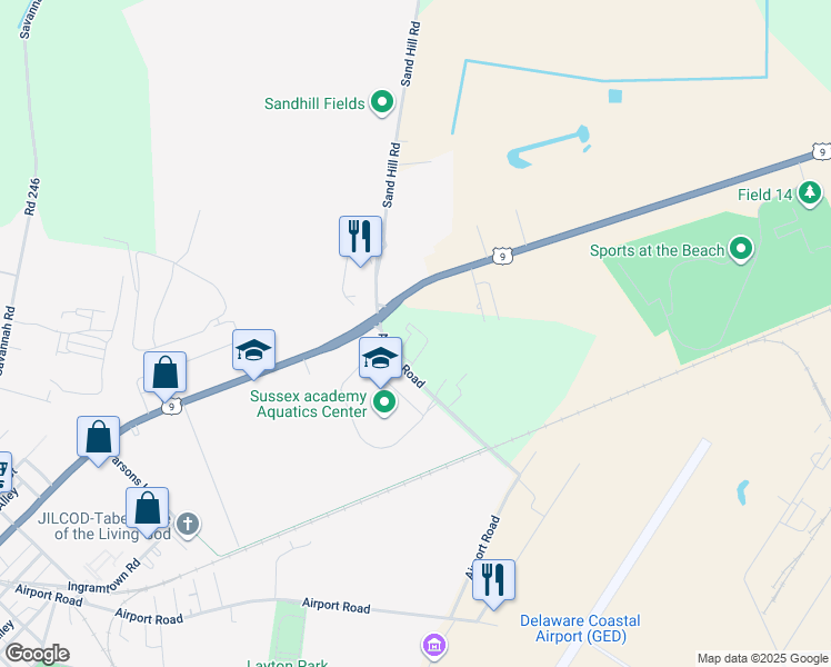 map of restaurants, bars, coffee shops, grocery stores, and more near 22124 Lewes Georgetown Highway in Georgetown