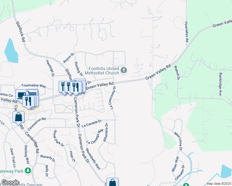 map of restaurants, bars, coffee shops, grocery stores, and more near 2651 La Crescenta Drive in Cameron Park