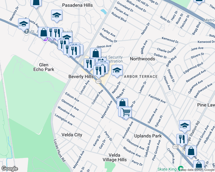 map of restaurants, bars, coffee shops, grocery stores, and more near 3706 Neona Street in St. Louis