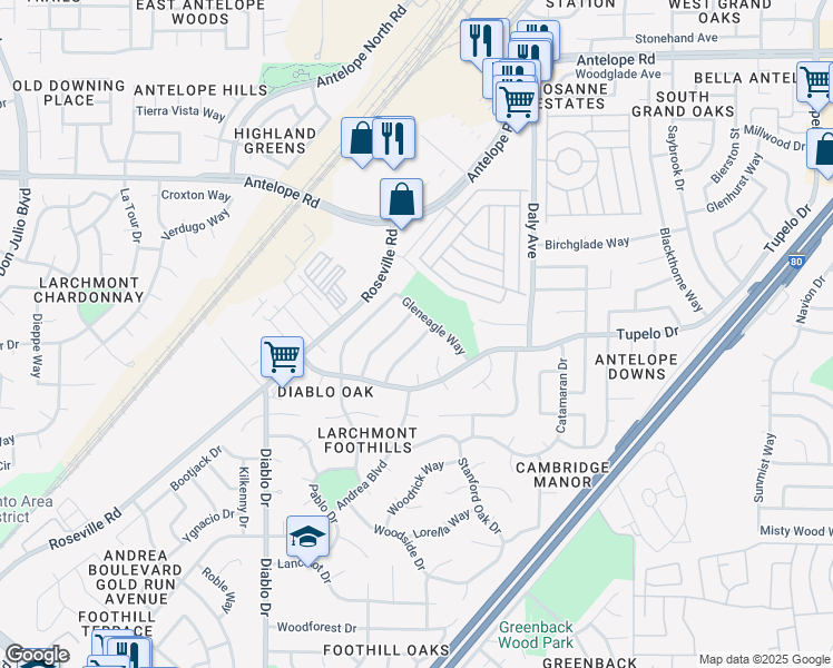 map of restaurants, bars, coffee shops, grocery stores, and more near 7238 Aberfeldy Way in Sacramento