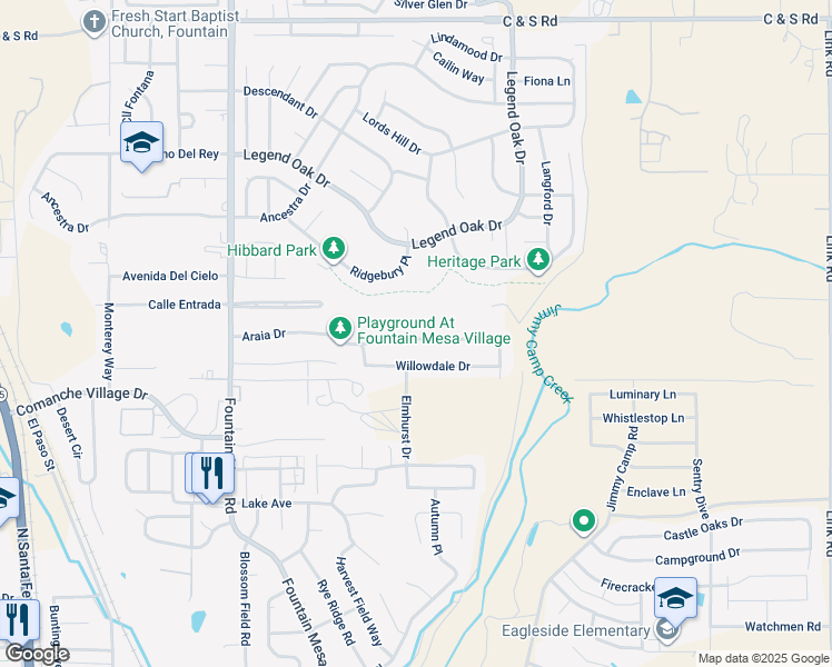 map of restaurants, bars, coffee shops, grocery stores, and more near 7390 Araia Drive in Fountain