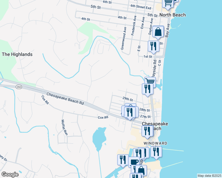 map of restaurants, bars, coffee shops, grocery stores, and more near 8418 G Street in Chesapeake Beach