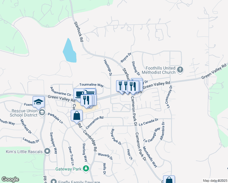 map of restaurants, bars, coffee shops, grocery stores, and more near 639 Jardin Court in Cameron Park