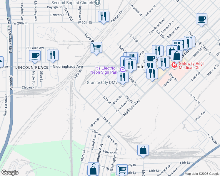 map of restaurants, bars, coffee shops, grocery stores, and more near 1727 Edison Avenue in Granite City