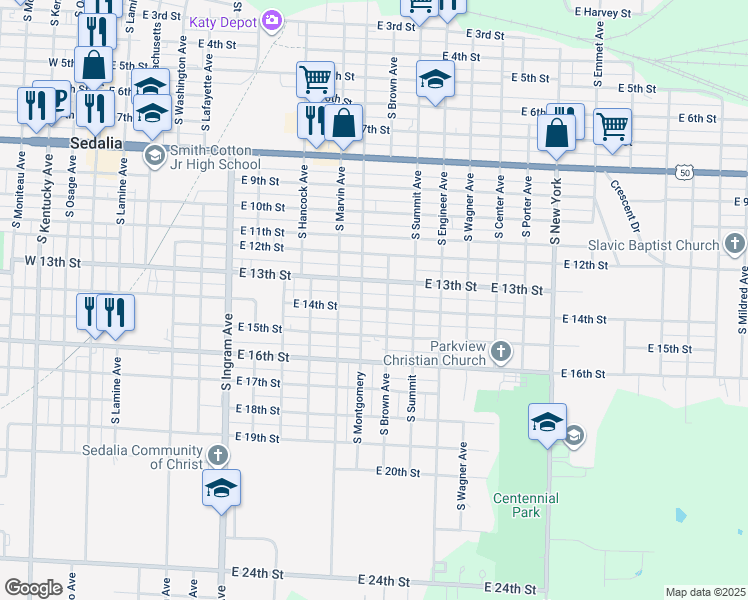 map of restaurants, bars, coffee shops, grocery stores, and more near S Brown Ave in Sedalia