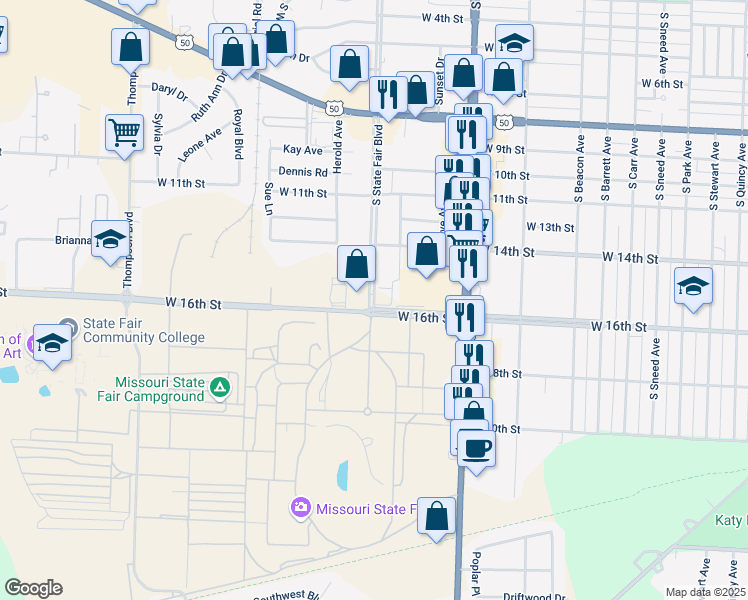 map of restaurants, bars, coffee shops, grocery stores, and more near 2700 W 16th St in Sedalia