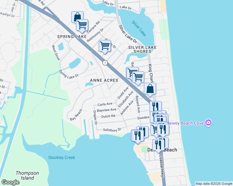 map of restaurants, bars, coffee shops, grocery stores, and more near 21066 Dodd Avenue in Rehoboth Beach