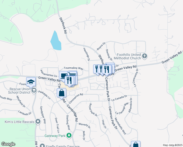 map of restaurants, bars, coffee shops, grocery stores, and more near 639 Jardin Court in Cameron Park