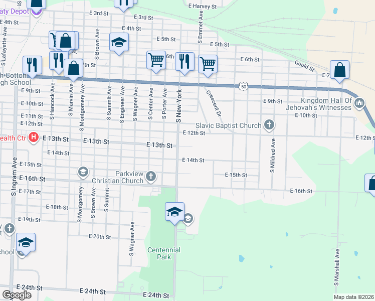 map of restaurants, bars, coffee shops, grocery stores, and more near 1601-1799 East 14th Street in Sedalia
